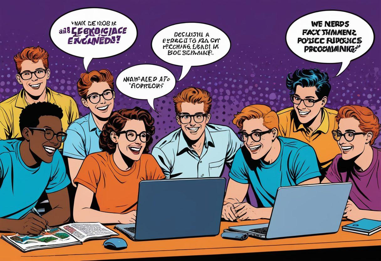 A group of diverse nerds, laughing around a table filled with science instruments, comic books, and laptops with coding screens. One holds a speech bubble with a joke, mixing elements of physics and programming humor. Use a colorful, comic-book style with exaggerated facial expressions. vibrant colors. vector art.