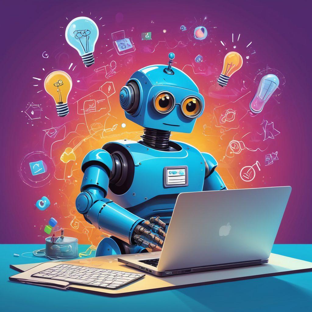 A colorful and humorous scene with a robot coding on a laptop, a scientist with wild hair mixing bubbling chemicals, and a quirky character dressed as a superhero holding a math book. The background has funny equations, comic-style speech bubbles, and light-bulb moments. vector art. vibrant colors. cartoonish.