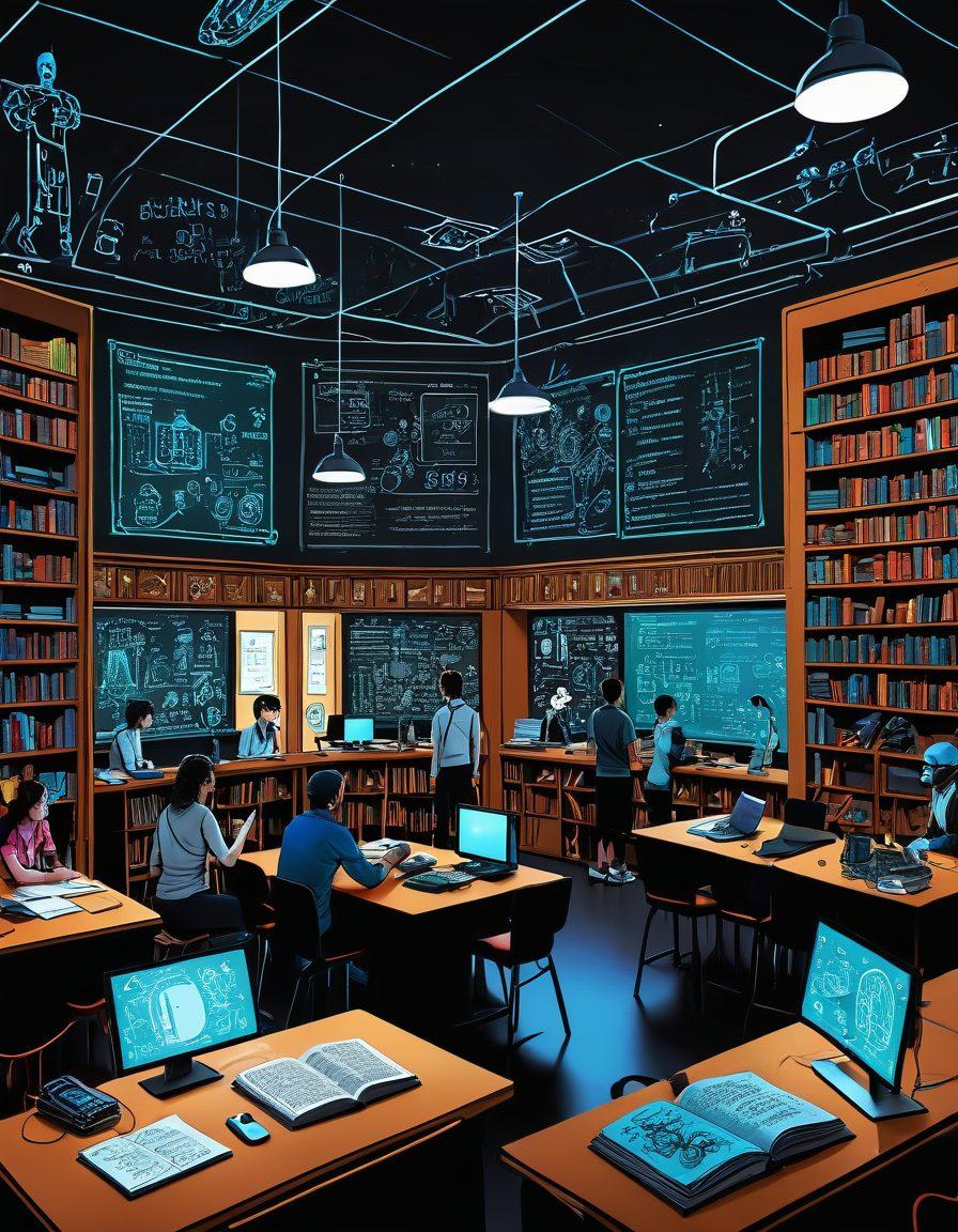 A lively scene of a futuristic high-tech library filled with robots, holograms, and gadgets, where a diverse group of nerds are laughing uncontrollably at floating comic strips. Tables are covered with science books, gaming consoles, and a blend of sci-fi elements. A chalkboard with complex equations and doodles of famous scientists adds a humorous touch. cyberpunk. vibrant colors. super-realistic.